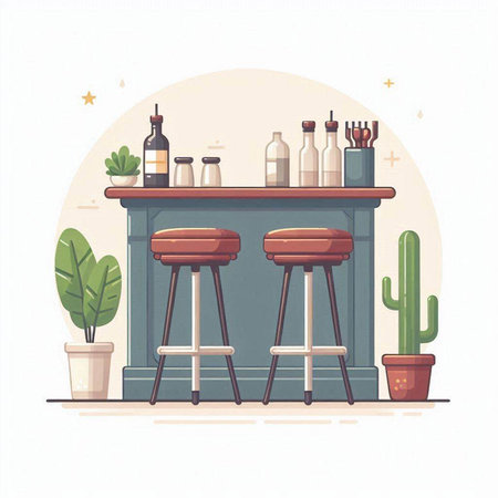 Bar counter with bar chairs and cacti. Flat vector illustration.のイラスト素材