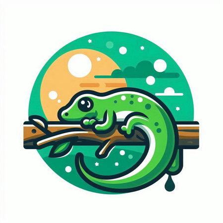 Chameleon on a branch in the circle. Vector illustration.のイラスト素材