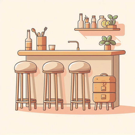 Vector illustration of a bar counter with stools and chairs in a flat styleのイラスト素材