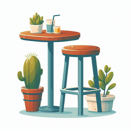 Vector illustration of a cafe table with chairs and cacti.のイラスト素材
