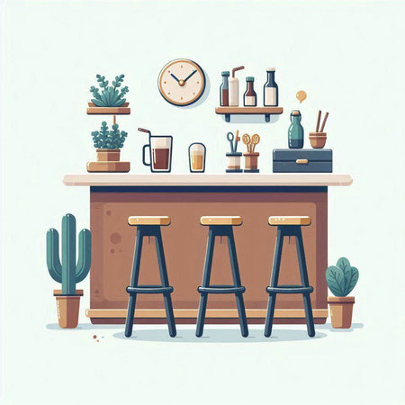 Bar counter with bar stools, drinks and plants. Vector illustrationのイラスト素材