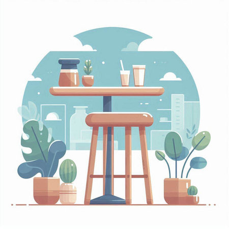 Coffee shop flat color vector faceless composition. Coffee shop interior with furniture and plants isolated cartoon illustration for web graphic design and animationのイラスト素材