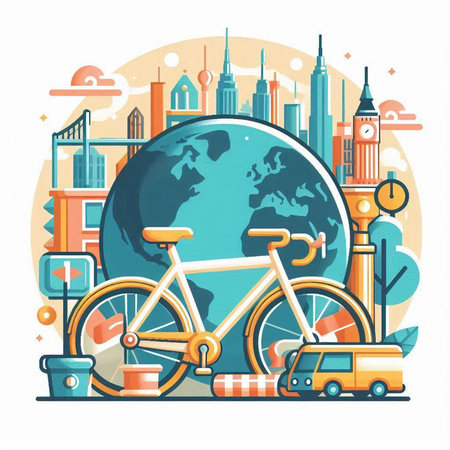 Vector illustration of city scape with bicycle, cars and globe.のイラスト素材