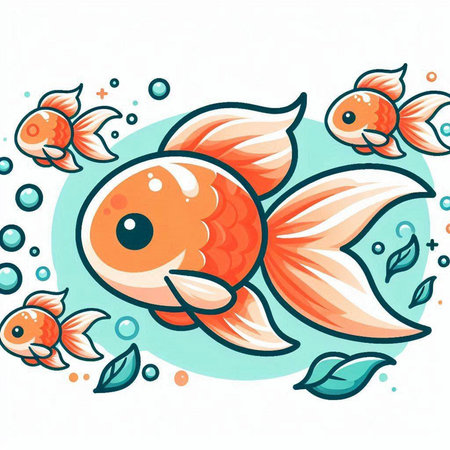 Illustration of a cute cartoon goldfish swimming in the sea.のイラスト素材