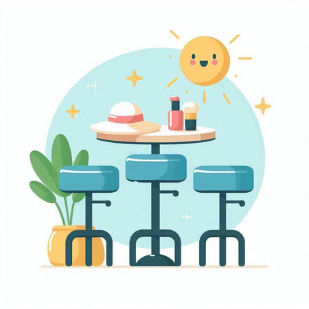Coffee shop flat color vector faceless character. Table, chair, coffee table, sun, hat, plant isolated cartoon illustration for web graphic design and animationのイラスト素材
