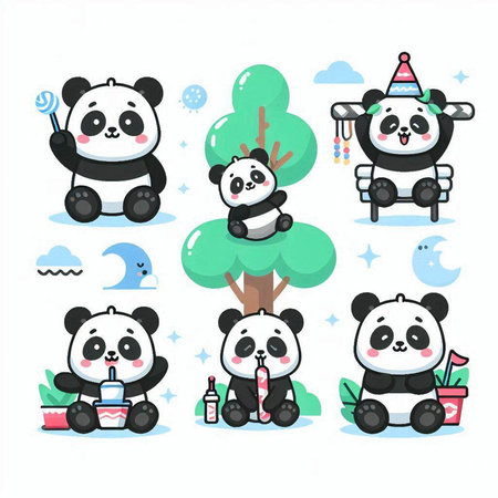 Cute panda bear character set. Vector illustration in cartoon styleのイラスト素材