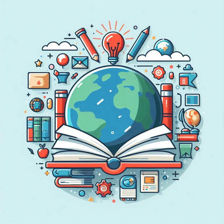 Vector illustration of education concept in thin line style. Open book, globe, education icons.のイラスト素材
