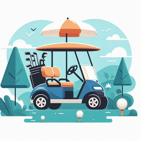 Golf cart on the golf course. Flat style vector illustration.のイラスト素材