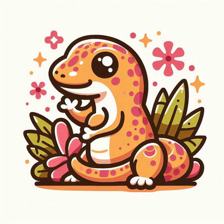 Illustration of cute little gecko sitting on the grass, vectorのイラスト素材