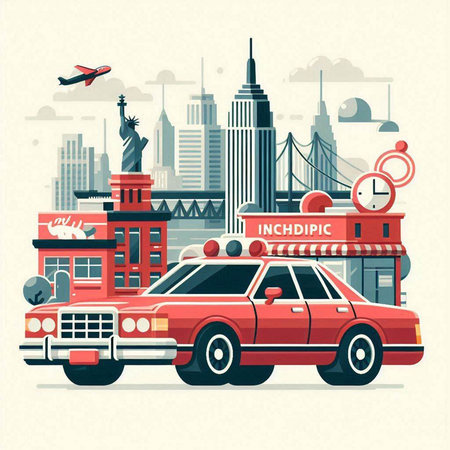 Vector illustration of New York city with red taxi car. Flat style design.のイラスト素材