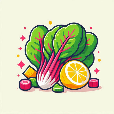 Lettuce, lemon and onion. Vector illustration in cartoon styleのイラスト素材