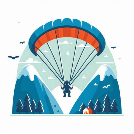 Paraglider in the mountains. Vector illustration in flat styleのイラスト素材