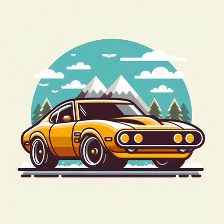 Retro car on the background of mountains. Vector illustration in retro style.のイラスト素材