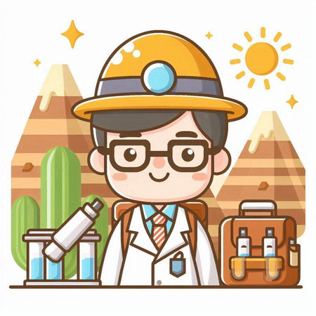 Cute cartoon vector illustration of a male scientist in the mountains.のイラスト素材