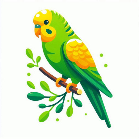 Green parrot sitting on a branch with leaves. Vector illustration.のイラスト素材