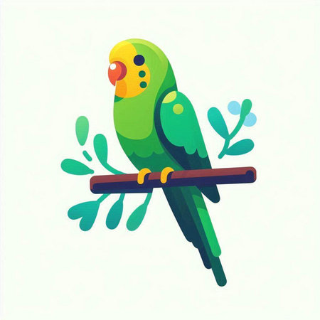 Green parrot sitting on a branch with leaves. Vector illustration.のイラスト素材