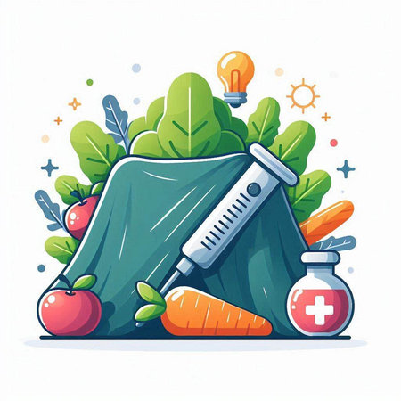 Healthy food concept with vegetables, fruits and syringe. Vector illustration.のイラスト素材