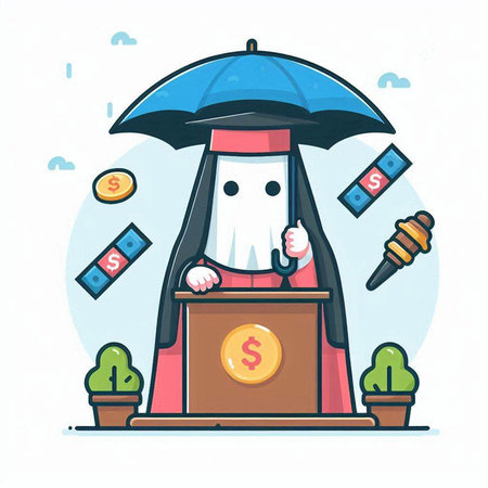 Illustration of a cartoon judge holding a tribune on white backgroundのイラスト素材