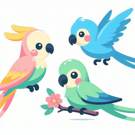 Cute parrots on a branch with flowers. Vector illustration.のイラスト素材