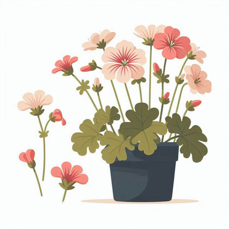 Geranium flowers in a pot. Vector illustration isolated on white background.のイラスト素材
