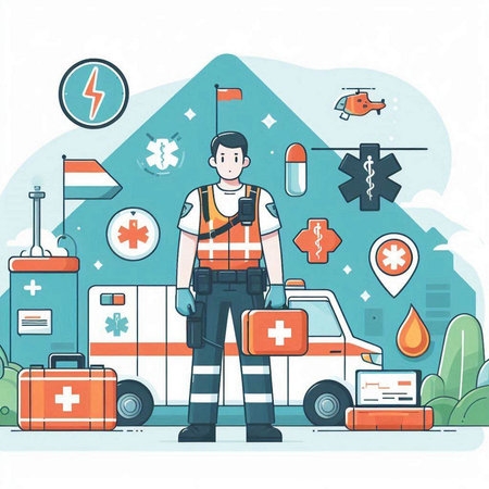 Ambulance, ambulance, first aid kit and paramedic. Vector illustrationのイラスト素材