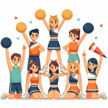Cheerleaders with pompoms and pom poms. Cheerleaders isolated on white background. Cheerleader team. Cheerleaders vector illustrationのイラスト素材