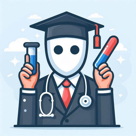 Vector illustration of a cartoon man in graduation cap holding test tubes.のイラスト素材