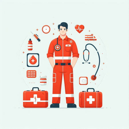 Vector illustration of a doctor in a red uniform with a set of medical equipmentのイラスト素材
