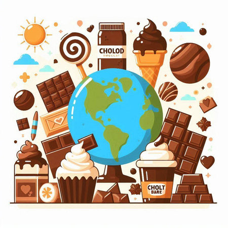 Chocolate and ice cream with world map. Vector flat illustration.のイラスト素材