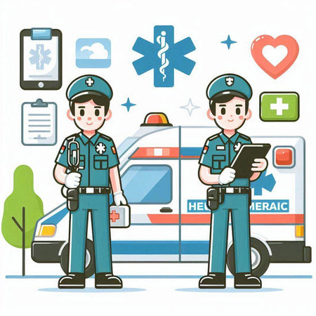 Emergency doctor and paramedic in front of ambulance. Vector illustration.のイラスト素材