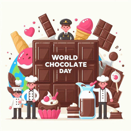 Chocolate bar with cartoon chef, ice cream and sweets. Vector illustrationのイラスト素材