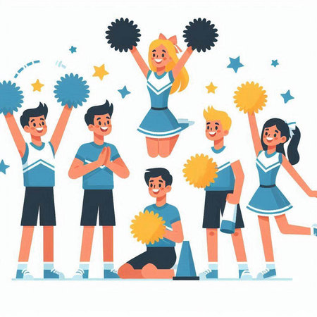 Cheerleaders with pom-poms. Cheerleading team. Cheerleaders in uniform. Cheerful cheerleaders. Cheerleaders in uniform. Vector illustration in cartoon styleのイラスト素材