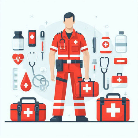 Vector illustration of a doctor in a medical uniform standing in front of the first aid kit.のイラスト素材