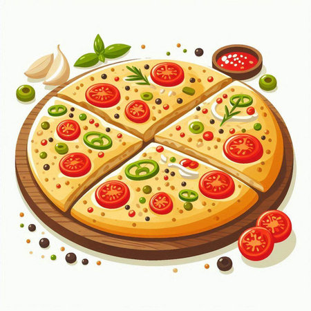 Illustration of pizza with tomato, onion, pepper and mozzarellaのイラスト素材