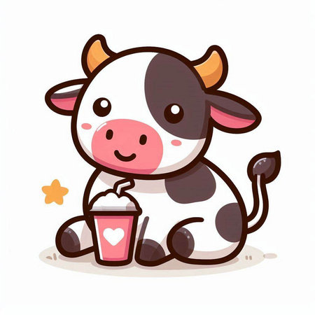 Cute cartoon cow with milkshake in hand. Vector illustration.のイラスト素材