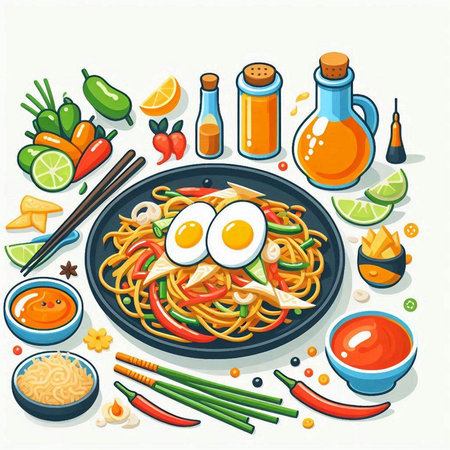 Chinese noodles with vegetables and fried egg on plate. Vector illustration.のイラスト素材