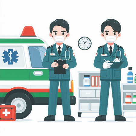 Male doctor and nurse in uniform with medical mask. Vector illustration.のイラスト素材