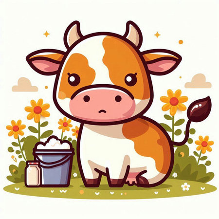 Cute cartoon cow with a bucket of milk. Vector illustration.のイラスト素材