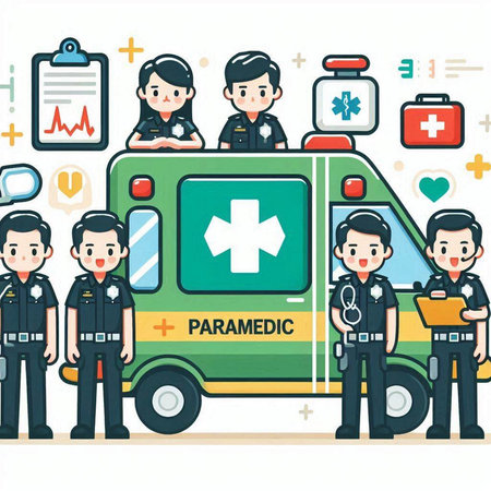 Ambulance and paramedic vector illustration. Flat style design.のイラスト素材