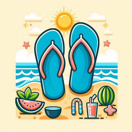 Flip flops on the beach, summer vacation concept, vector illustrationのイラスト素材