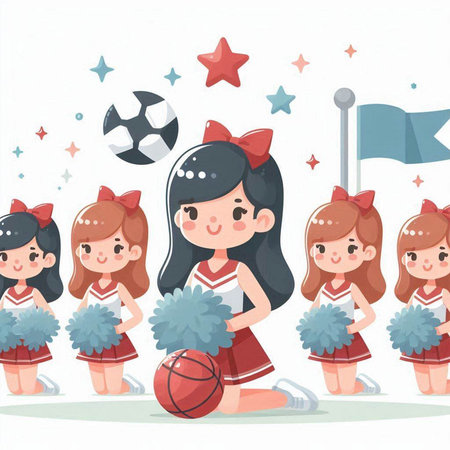 Cheerleaders with ball and flag. Vector illustration in cartoon style.のイラスト素材