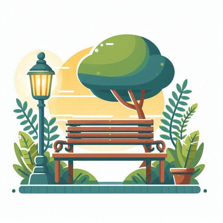Park bench with lantern and trees. Vector illustration in flat style.のイラスト素材