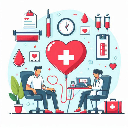 Blood donation concept. Doctor with stethoscope and red heart. Vector illustrationのイラスト素材
