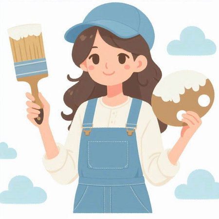 Illustration of a Girl Holding a Paintbrush and a Donutのイラスト素材