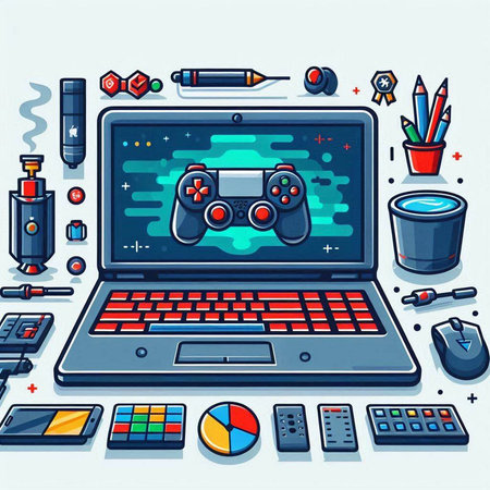 Laptop computer with gamepad on screen. Vector illustration in cartoon styleのイラスト素材