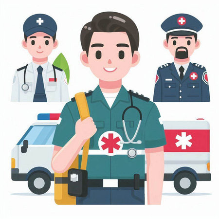 Medical staff and ambulance car. Vector illustration in a flat style.のイラスト素材