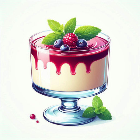 Panna cotta with fresh berries and mint. Vector illustration.のイラスト素材