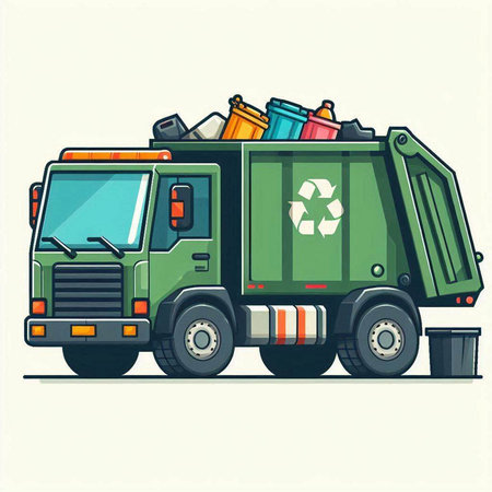 Garbage truck with recycling symbol. Vector illustration in cartoon style.のイラスト素材