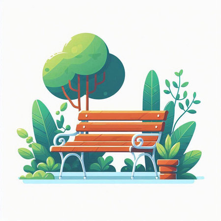 Vector illustration of a bench in the park with trees and bushes.のイラスト素材