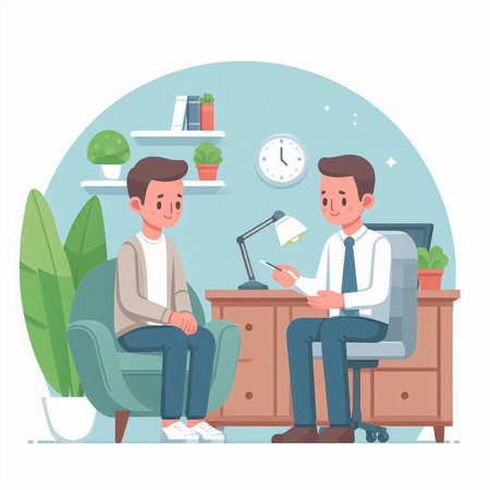 Psychotherapist working with patient in office. Mental health concept. Vector illustration in cartoon styleのイラスト素材